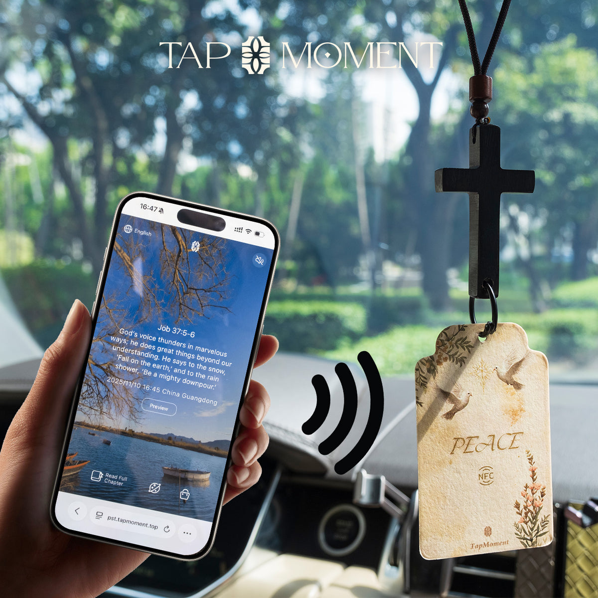 TAPMOMENT NFC Faith Cross Car Air Freshener SET - Wooden Cross + 3 Scent Cards