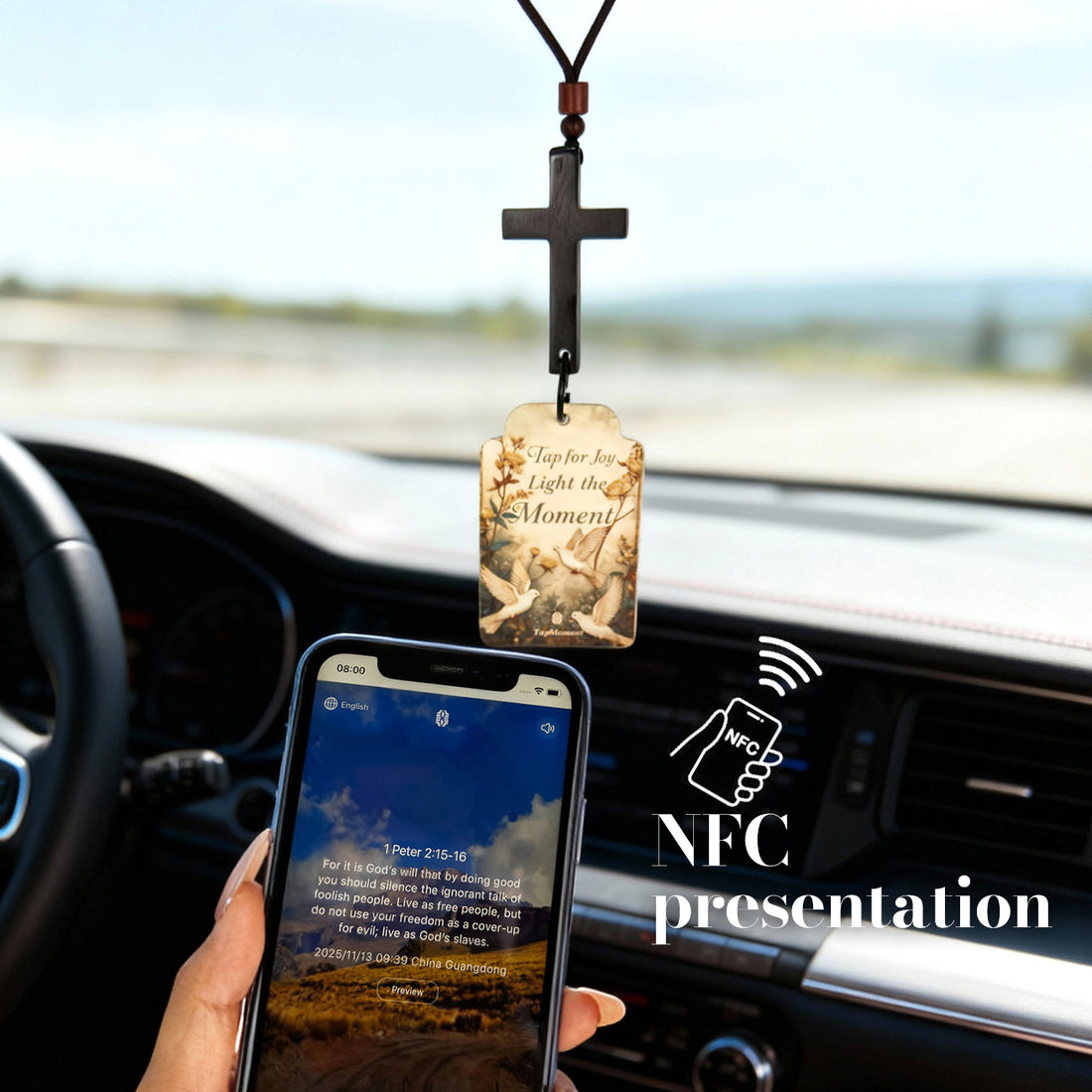 TAPMOMENT NFC Faith Cross Car Air Freshener SET - Wooden Cross + 3 Scent Cards