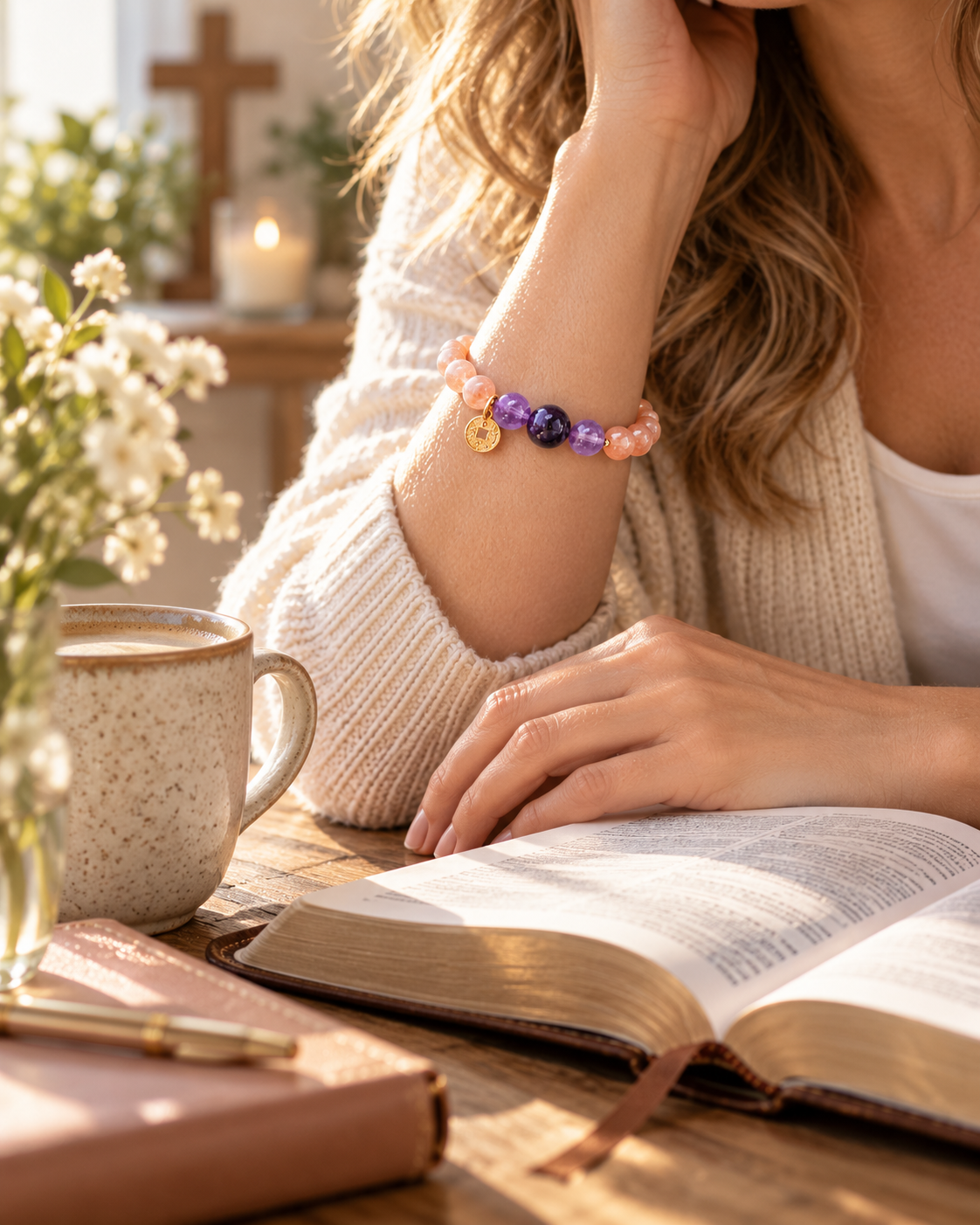 Christian devotional moment with TapMoment bracelet and Bible